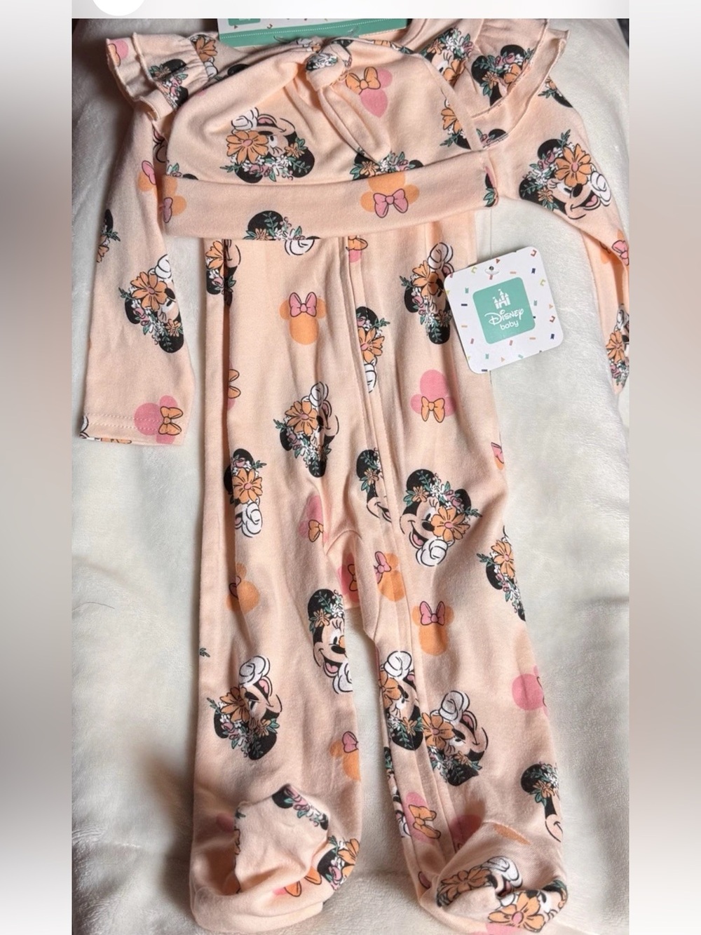 Disney Minnie Mouse Zippered Infant Sleeper With Matching Cap
